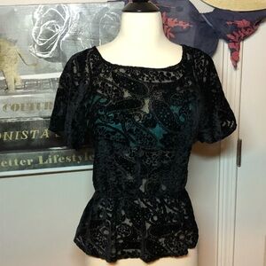 Forever 21 Contemporary Black Sheer with Velvet Paisley Print Peplum Blouse Sz M